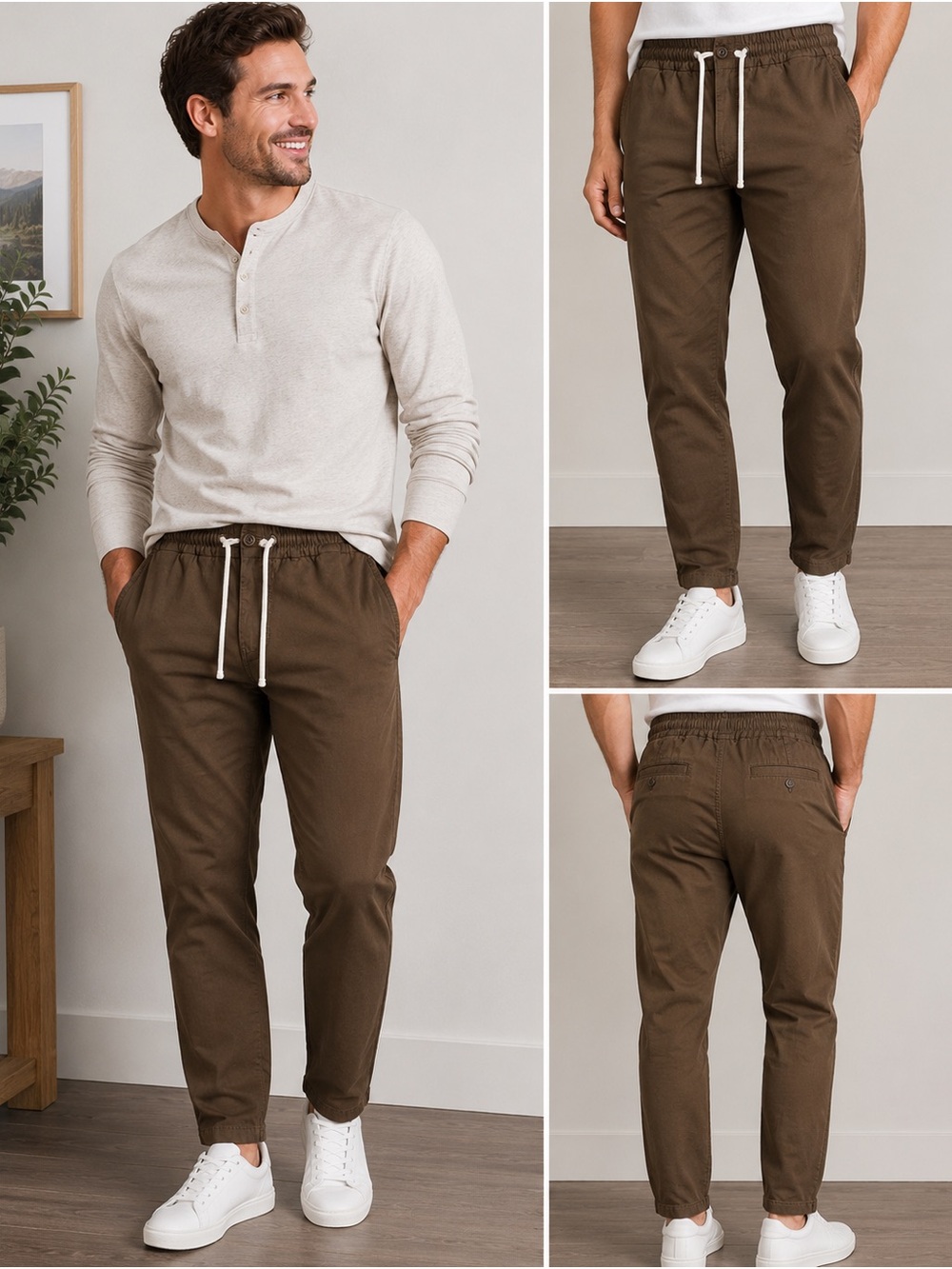 Men's Olive Brown Drawstring Casual Pants